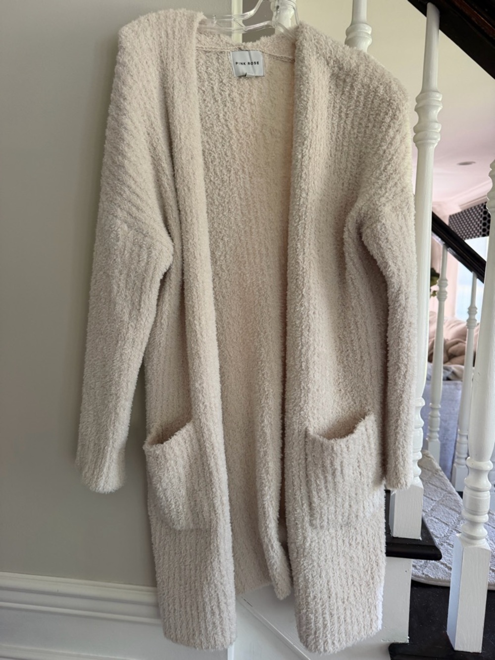 Pink Rose Ivory Open-Front Plush Cardigan with Pockets